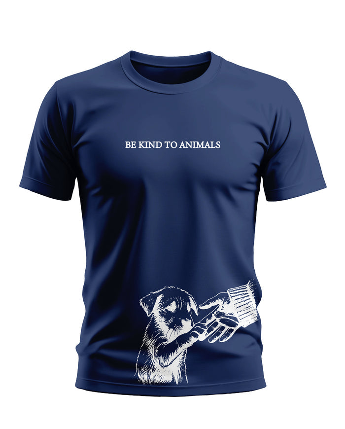 Navy blue men's t-shirt with 'Be Kind To Animals' text and puppy graphic, animal care fashion