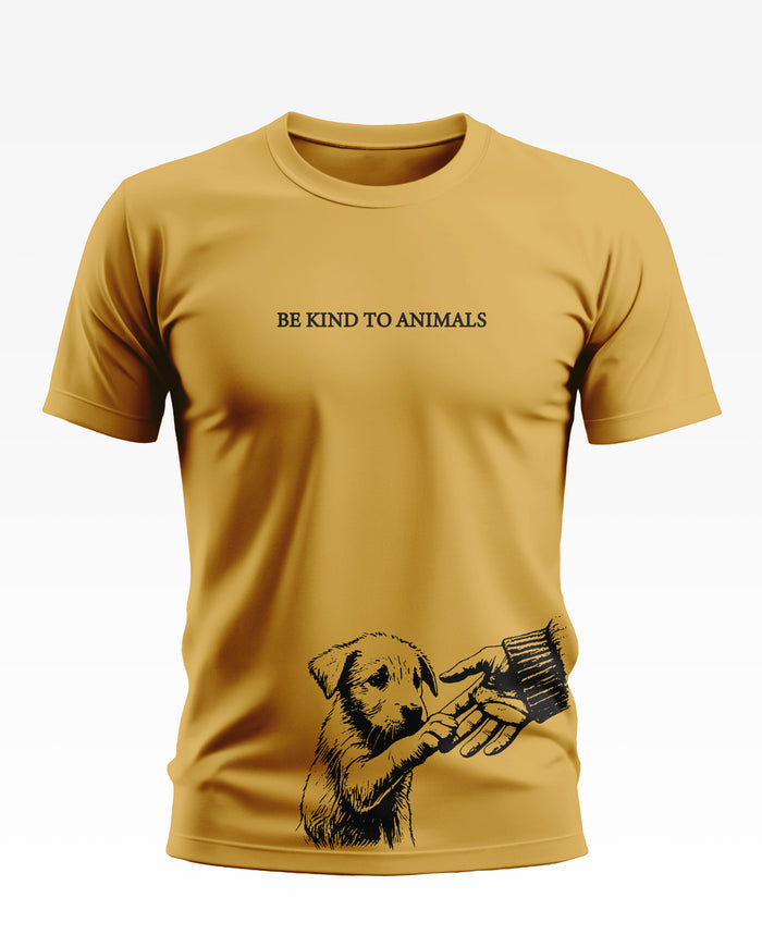 Yellow men's t-shirt with 'Be Kind to Animals' text and dog holding a hand graphic.
