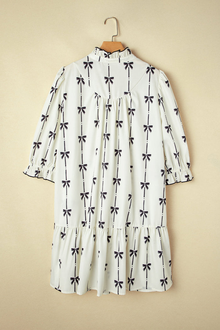 Beige Bow Printed Puff Sleeve Ruffled Plus Size Mini Dress - Size/Plus Dresses/Plus Dresses