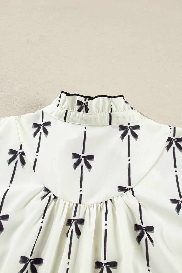 Beige Bow Printed Puff Sleeve Ruffled Plus Size Mini Dress - Size/Plus Dresses/Plus Dresses
