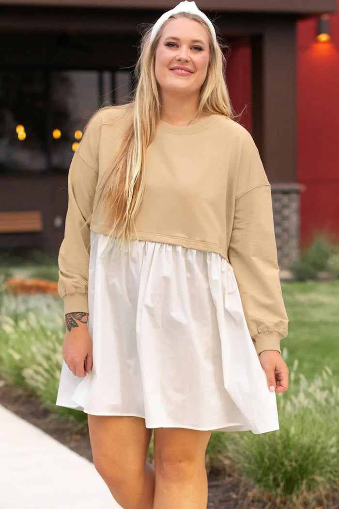 Beige Colour Block Patchwork Ruffled Plus Size Mini Dress - Apricot / 1X / 72% Cotton + 26% Polyester + 2% Elastane