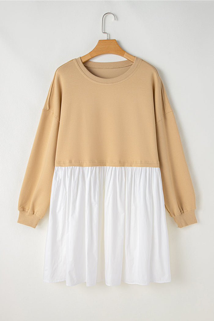 Beige Colour Block Patchwork Ruffled Plus Size Mini Dress - Size/Plus Dresses/Plus Dresses