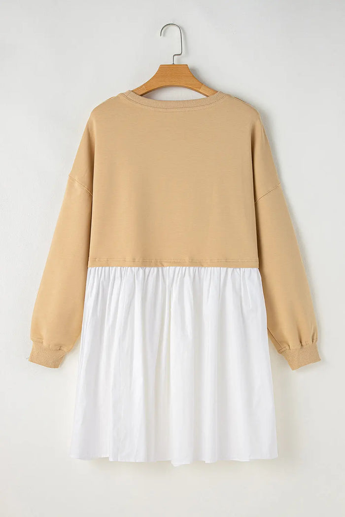 Beige Colour Block Patchwork Ruffled Plus Size Mini Dress - Size/Plus Dresses/Plus Dresses
