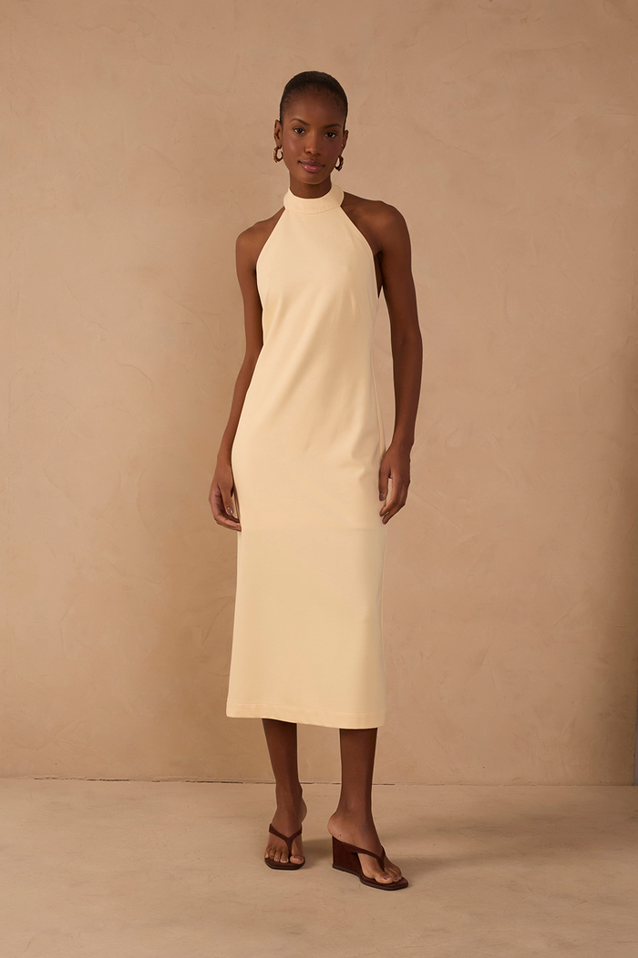 Beige Halter Neck Tailored Midi Dress_1