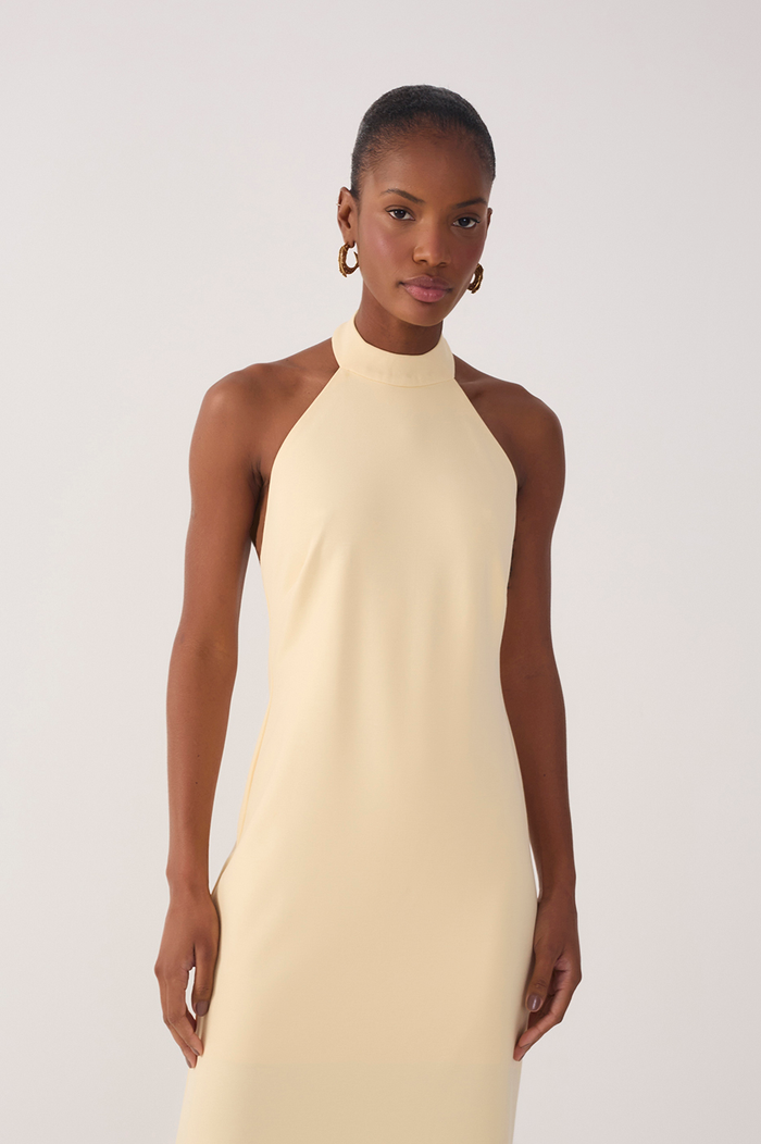Beige Halter Neck Tailored Midi Dress_4