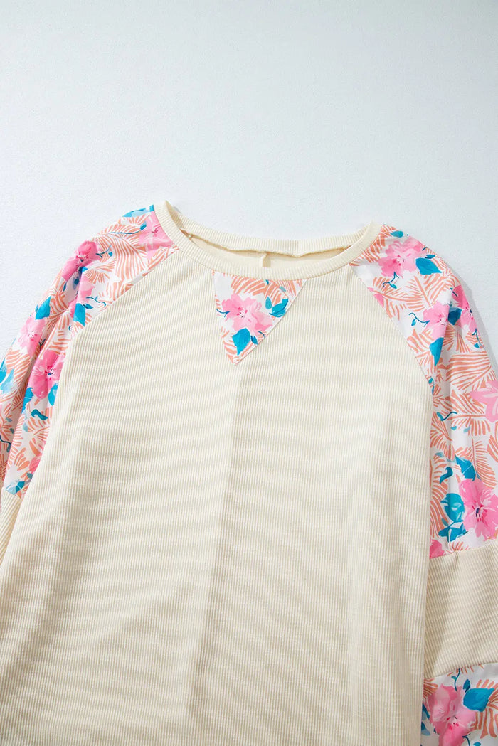 Beige Plus Size Floral Patchwork Ribbed Puff Sleeve Top - Size/Plus Tops/Plus Long Tops