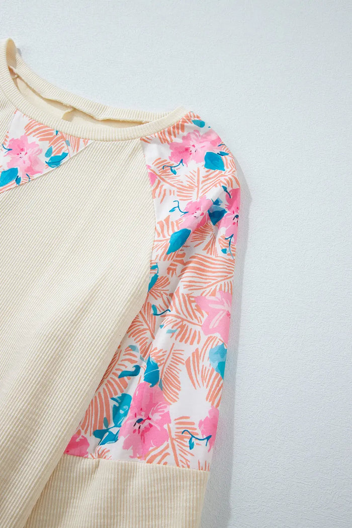 Beige Plus Size Floral Patchwork Ribbed Puff Sleeve Top - Size/Plus Tops/Plus Long Tops