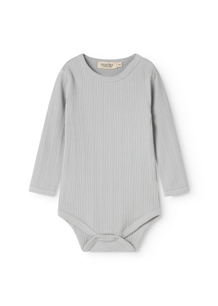 Sheer bodystocking in light gray-blue rib knit with long sleeves and a round neckline.