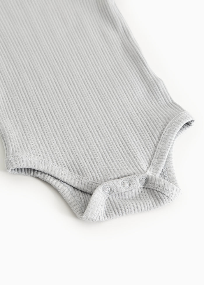 Sheer bodystocking in light gray-blue rib knit with elastic leg openings.