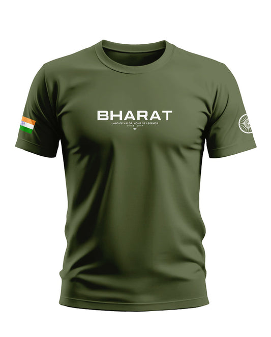 Olive green men's t-shirt with 'BHARAT' text, Indian flag on sleeve, and Ashoka Chakra print.