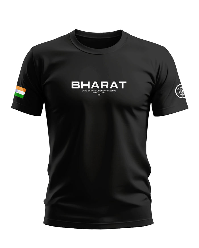 Black men's t-shirt with 'BHARAT' text on chest, Indian flag on sleeve, and Ashoka Chakra design.