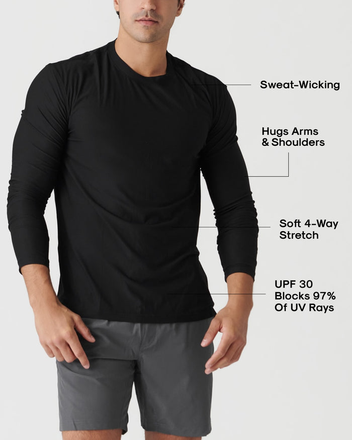 Black Active Long Sleeve Crew Neck T-Shirt showcasing sweat-wicking, UV protection.