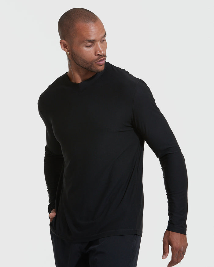 Black Active Long Sleeve Crew Neck T-Shirt worn by a man.