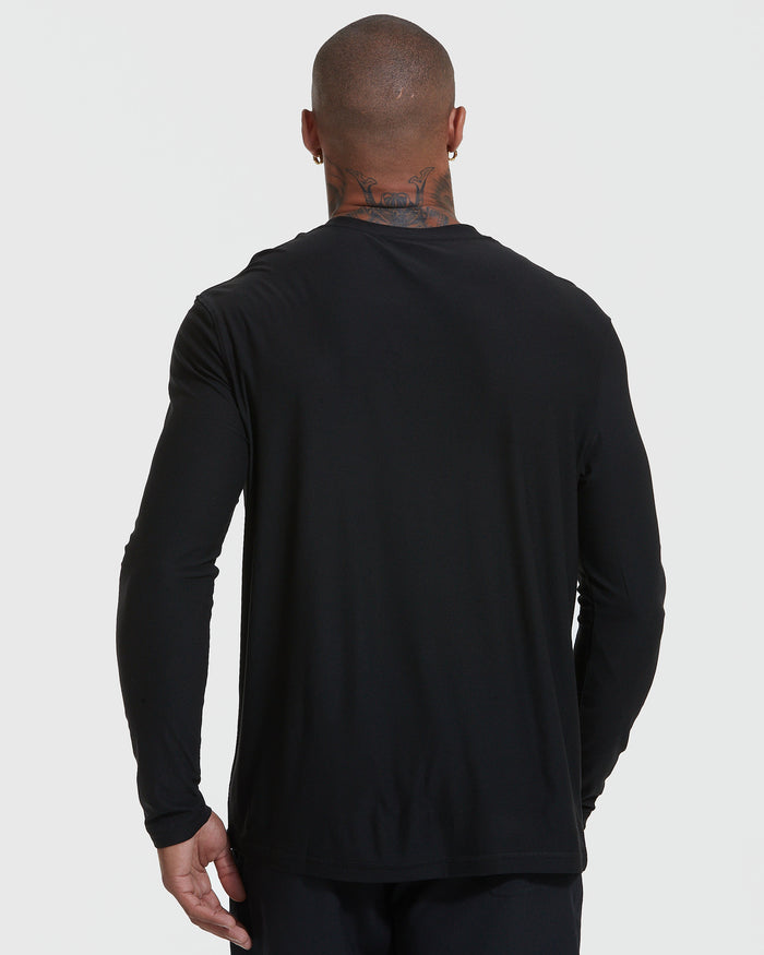 Black Active Long Sleeve Crew Neck T-Shirt on man, back view.