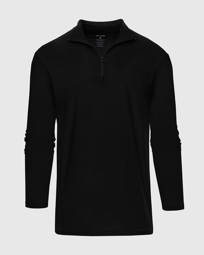 Black Active Quarter Zip Shirt with stand-up collar on light gray background.