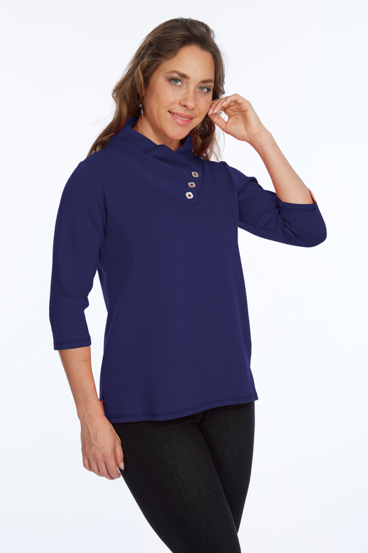 Black Gathered Neckline Soft Knit Tunic Top With Details | LIOR