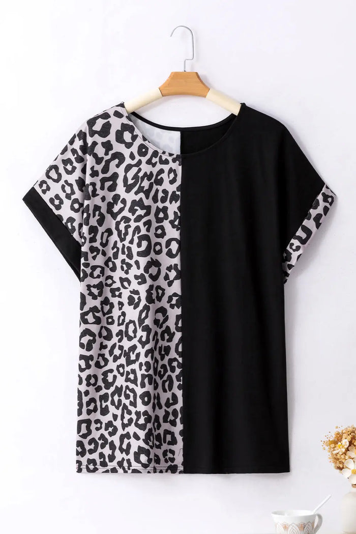Black Half Leopard Patchwork Plus Size T-shirt - Size/Plus Tops/Plus Tops & Tees