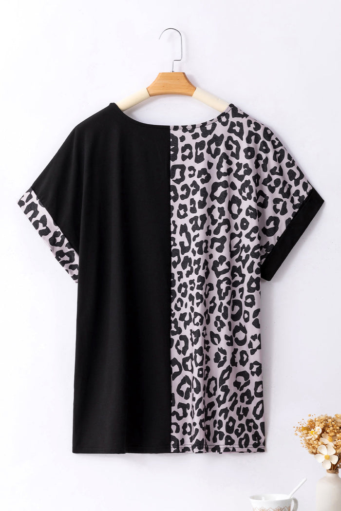 Black Half Leopard Patchwork Plus Size T-shirt - Size/Plus Tops/Plus Tops & Tees