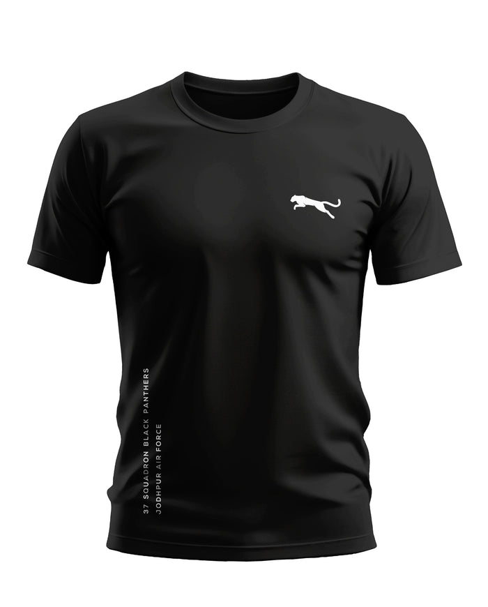 Black men's t-shirt with white panther logo and military-inspired text on the front.
