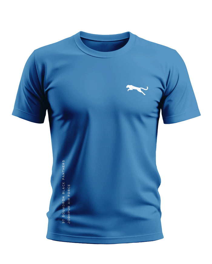 Blue men's t-shirt with white panther logo and '3 Squadron Black Panthers Jodhpur Air Force' text
