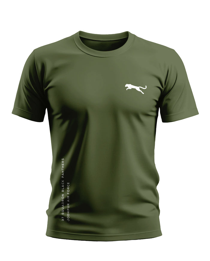 Army green men's t-shirt with leaping panther logo and squadron text, short sleeves
