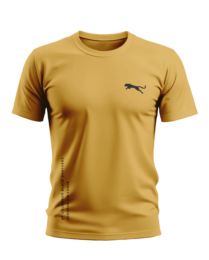 Yellow men's t-shirt with black panther logo and 3 Squadron Black Panthers Jodhpur Air Force text