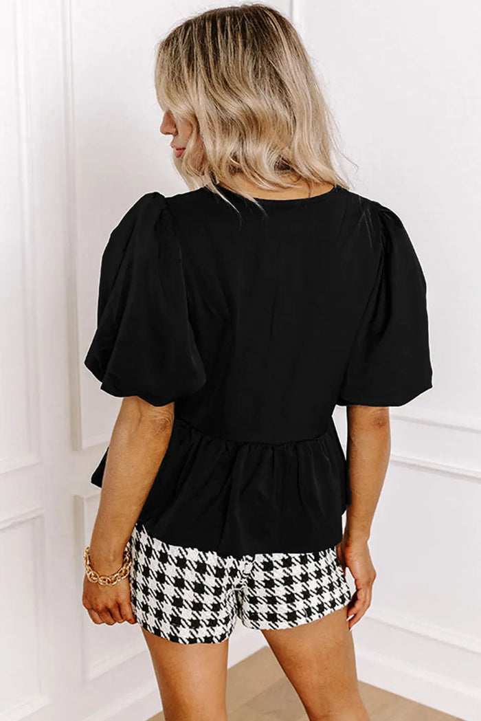 Black Puff Sleeve Bowknot Front Peplum Blouse - Tops/Blouses & Shirts