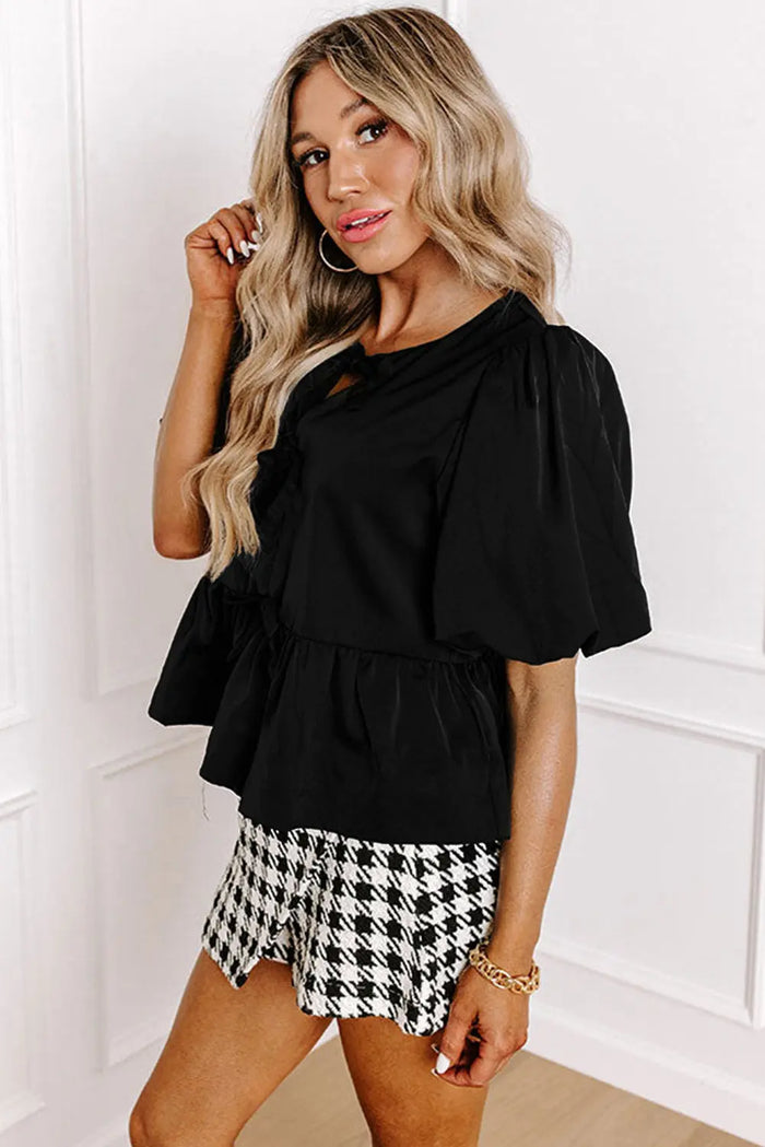 Black Puff Sleeve Bowknot Front Peplum Blouse - Tops/Blouses & Shirts