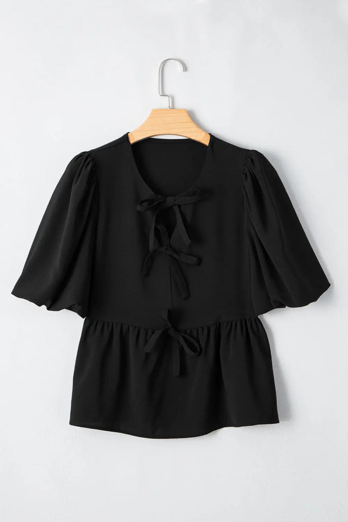 Black Puff Sleeve Bowknot Front Peplum Blouse - Tops/Blouses & Shirts