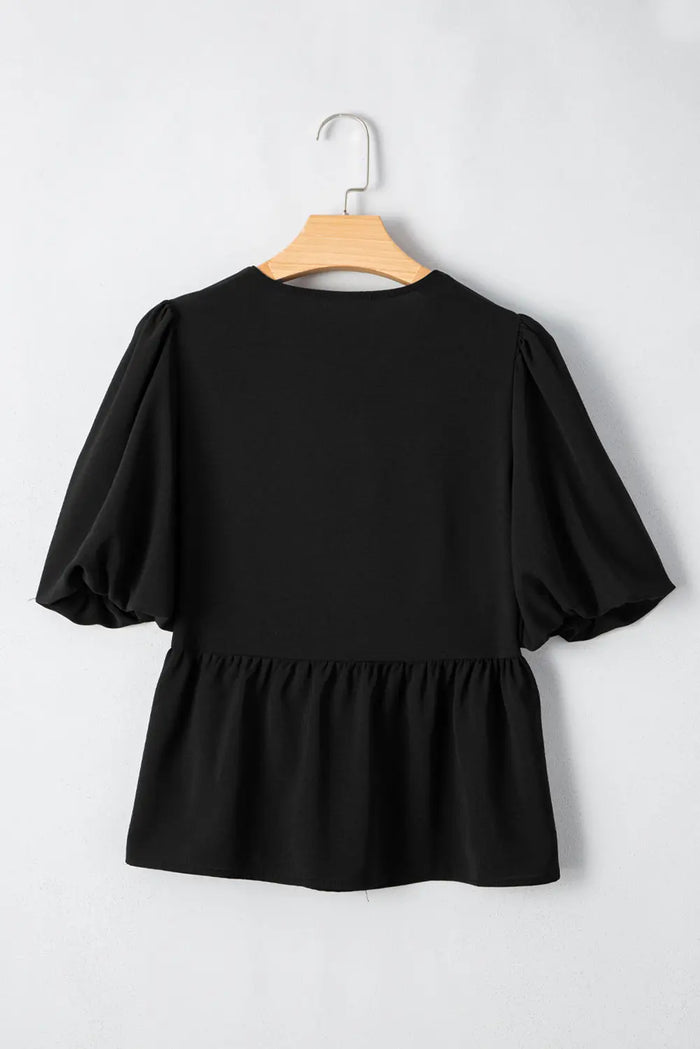 Black Puff Sleeve Bowknot Front Peplum Blouse - Tops/Blouses & Shirts