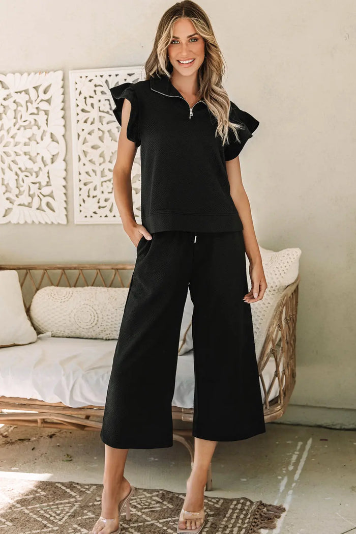 Black Textured Flutter Sleeve Top Wide Leg Trousers Set Co-ord - S / 95% Polyester + 5% Elastane - Two Piece Sets/Pant