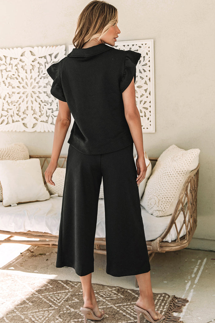 Black Textured Flutter Sleeve Top Wide Leg Trousers Set Co-ord - Two Piece Sets/Pant Sets