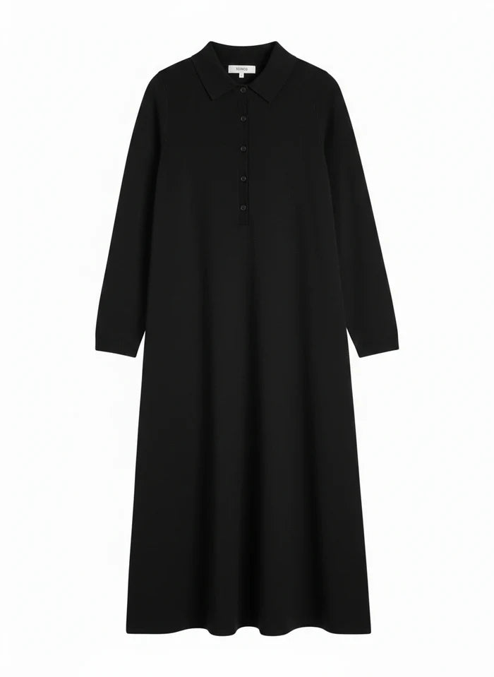 Black Wool-Cashmere A-Line Polo Dress