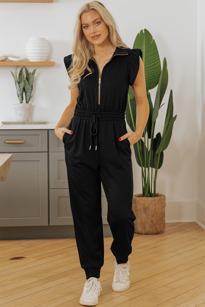 Black Zipper Flutter Sleeve Drawstring High Waist Jumpsuit - Bottoms/Jumpsuits & Rompers