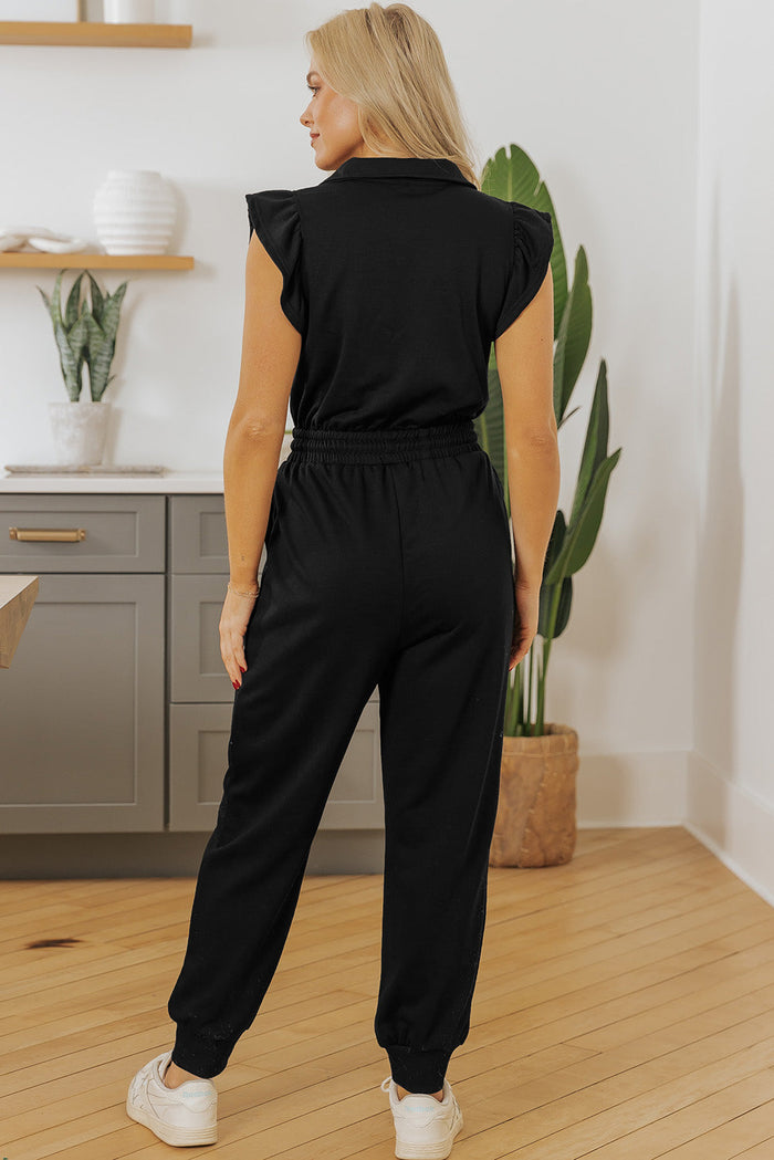 Black Zipper Flutter Sleeve Drawstring High Waist Jumpsuit - Bottoms/Jumpsuits & Rompers