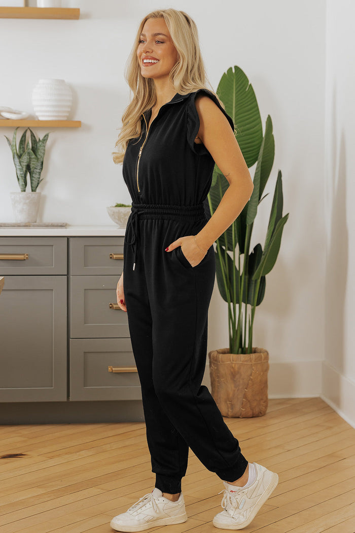 Black Zipper Flutter Sleeve Drawstring High Waist Jumpsuit - Bottoms/Jumpsuits & Rompers