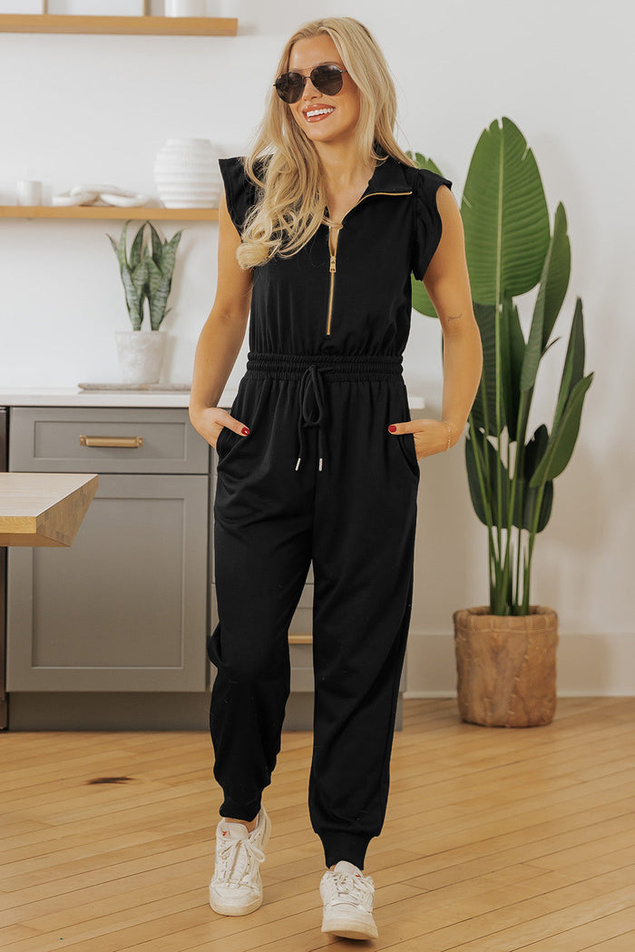 Black Zipper Flutter Sleeve Drawstring High Waist Jumpsuit - Bottoms/Jumpsuits & Rompers