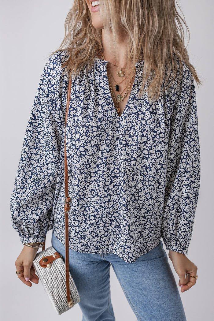 Blue Floral Print Notched V Neck Puff Sleeve Blouse - BLUE / S / 100% COTTON - Tops/Blouses & Shirts
