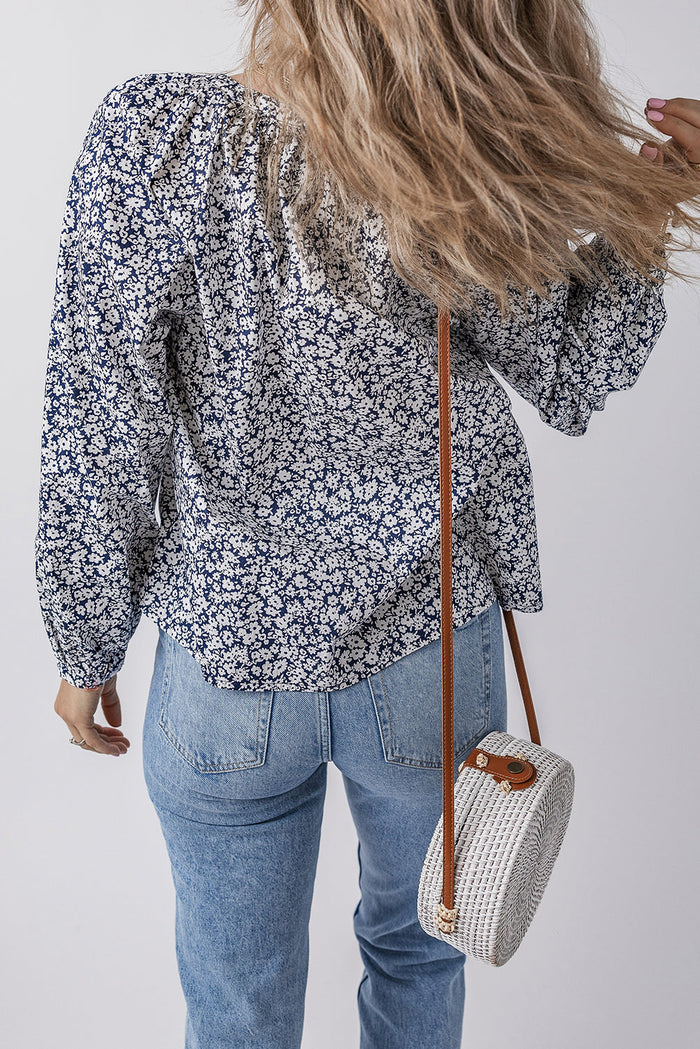 Blue Floral Print Notched V Neck Puff Sleeve Blouse - Tops/Blouses & Shirts