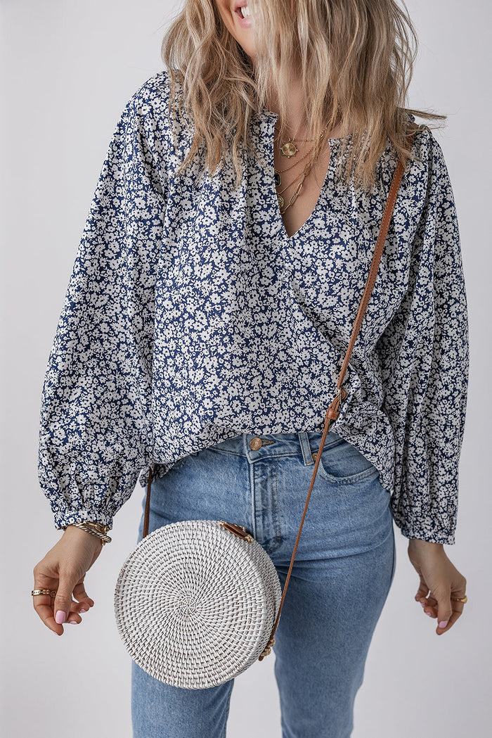 Blue Floral Print Notched V Neck Puff Sleeve Blouse - Tops/Blouses & Shirts