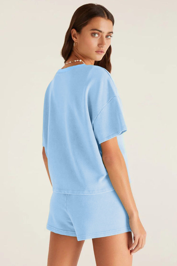 Blue V Neck Drop Shoulder Tee and Patchwork Drawstring Shorts Set - Two Piece Sets/Short Sets