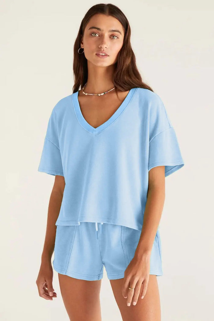 Blue V Neck Drop Shoulder Tee and Patchwork Drawstring Shorts Set - Two Piece Sets/Short Sets