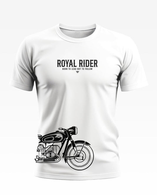 White men's t-shirt with Royal Rider text and black motorcycle graphic print