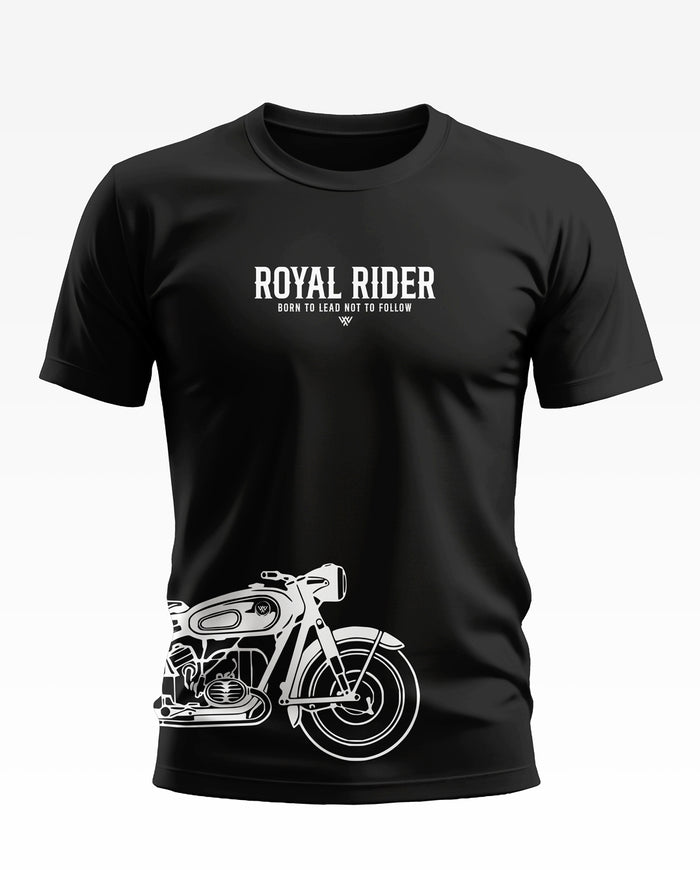 Black men's t-shirt with 'Royal Rider' text and white motorcycle graphic design