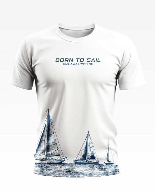 White men's t-shirt with 'Born to Sail' text and blue sailboat graphic on front