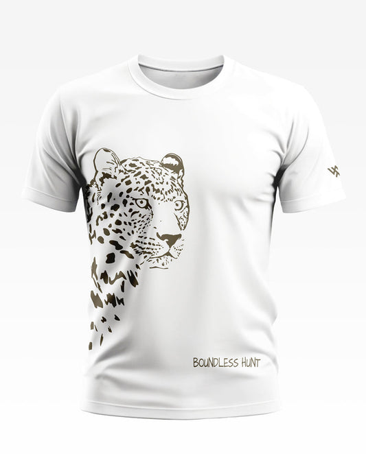 White men's t-shirt with leopard graphic and 'Boundless Hunt' text, army-inspired fashion
