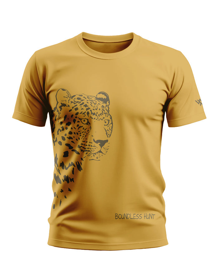 Yellow men’s t-shirt with abstract leopard face graphic and 'Boundless Hunt' text print.