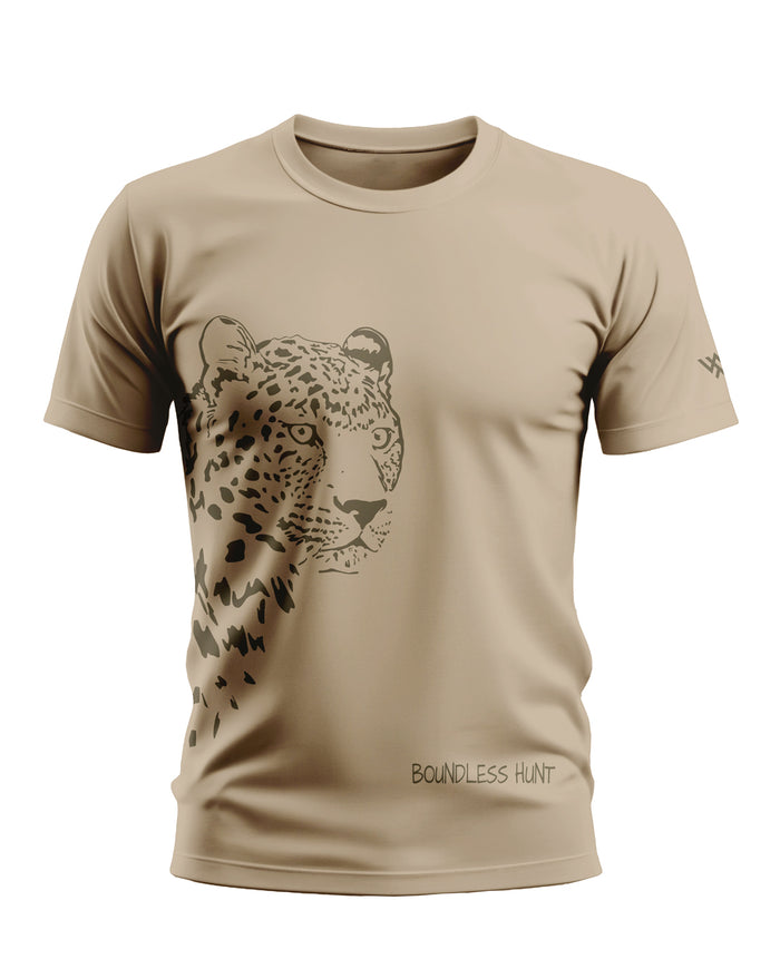 Beige men's t-shirt with leopard face graphic and 'Boundless Hunt' text printed on front