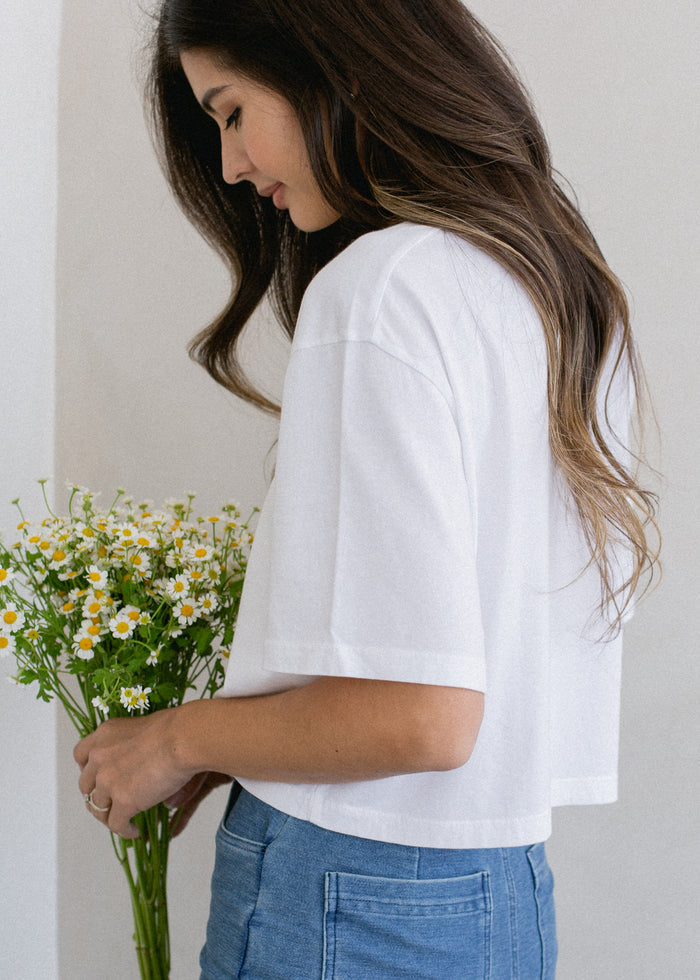 Back view of Boxy Crop Tee on model