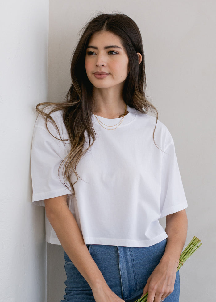Back view of Boxy Crop Tee on model